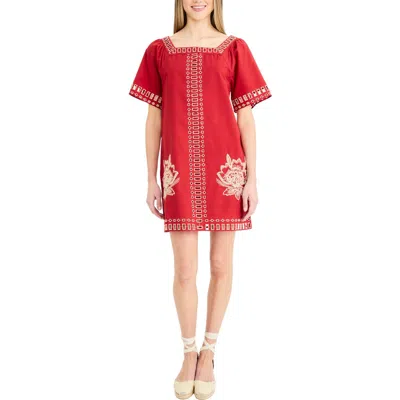 The Good Journey Embroidered Shift Dress In Red/ Beige