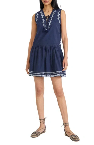 The Good Journey Embroidery Detail Sleeveless Cotton Minidress In Blue