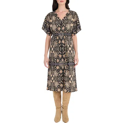 The Good Journey Floral Print Linen Blend Midi Dress In Multi