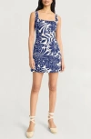 The Good Journey Floral Print Square Neck Linen Blend Minidress In Blue