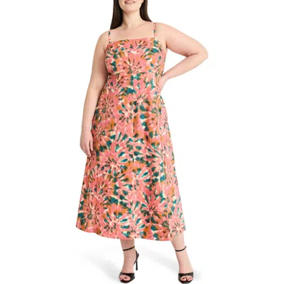The Good Journey Floral Sleeveless Cotton Smocked Back Midi Dress In Pink/green