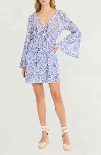 The Good Journey Long Sleeve Cotton Mini Sundress In White/indigo