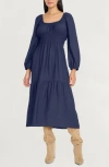 The Good Journey Long Sleeve Smocked Midi Dress In Blue