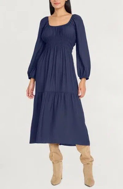 The Good Journey Long Sleeve Smocked Midi Dress In Blue