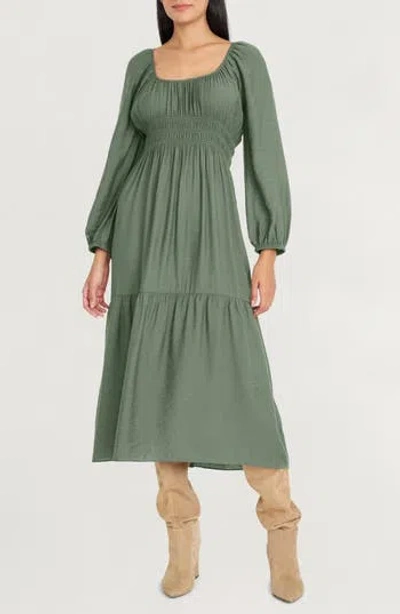 The Good Journey Long Sleeve Smocked Midi Dress In Green
