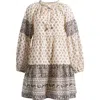 The Good Journey Mixed Print Long Sleeve Cotton Babydoll Dress In Black