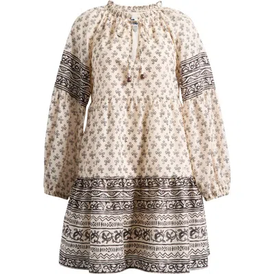 The Good Journey Mixed Print Long Sleeve Cotton Babydoll Dress In Black