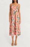 The Good Journey Floral Sleeveless Cotton Smocked Back Midi Dress In Multi