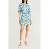 The Good Journey Puff Sleeve Mini Dress In Blue/cream