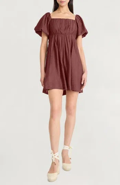 The Good Journey Puff Sleeve Empire Waist Minidress In Brown