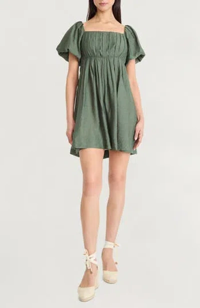 The Good Journey Puff Sleeve Empire Waist Minidress In Green
