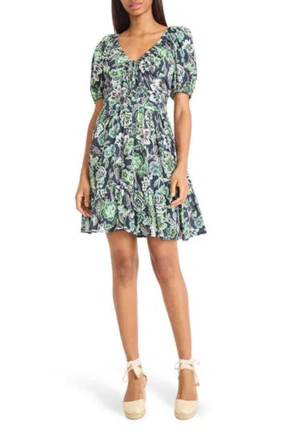 The Good Journey Puff Sleeve Mini Dress In Navy/ Green