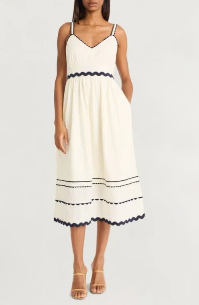 The Good Journey Rickrack Detail Cotton Dress In Ivory/navy