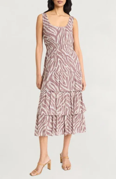 The Good Journey Ripple Stripes Tiered Midi Dress In Cream/brown
