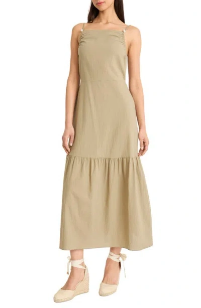 The Good Journey Ruched Open Back Drop Waist Cotton Midi Sundress In Green