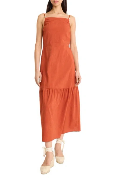 The Good Journey Ruched Open Back Drop Waist Cotton Midi Sundress In Orange
