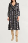 The Good Journey Ruffle Floral Print Long Sleeve Cotton Midi Dress In Black