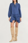 The Good Journey Ruffle Lace Trim Long Sleeve Denim Minidress In Blue
