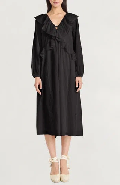 The Good Journey Ruffle Long Sleeve Midi Dress In Black
