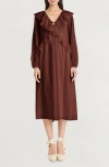 The Good Journey Ruffle Long Sleeve Midi Dress In Brown
