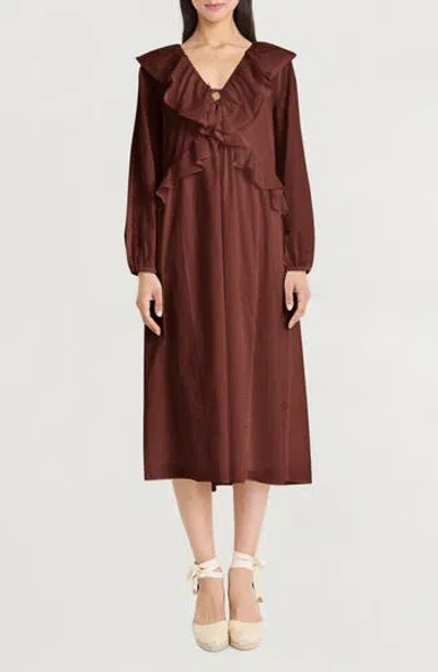 The Good Journey Ruffle Long Sleeve Midi Dress In Brown