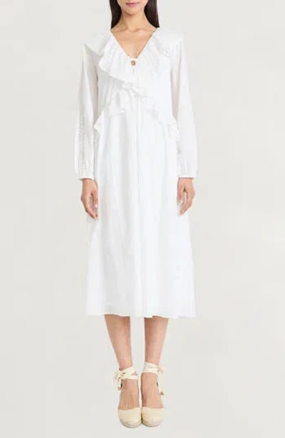 The Good Journey Ruffle Long Sleeve Midi Dress In White