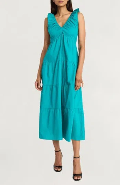 The Good Journey Ruffle Strap Empire Waist Tiered Cotton Midi Dress