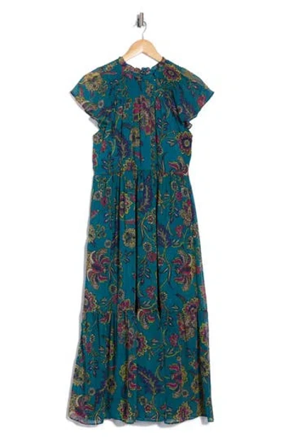 The Good Journey Smocked Flutter Sleeve Midi Dress In Blue