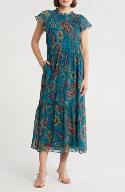 The Good Journey Smocked Flutter Sleeve Midi Dress In Green
