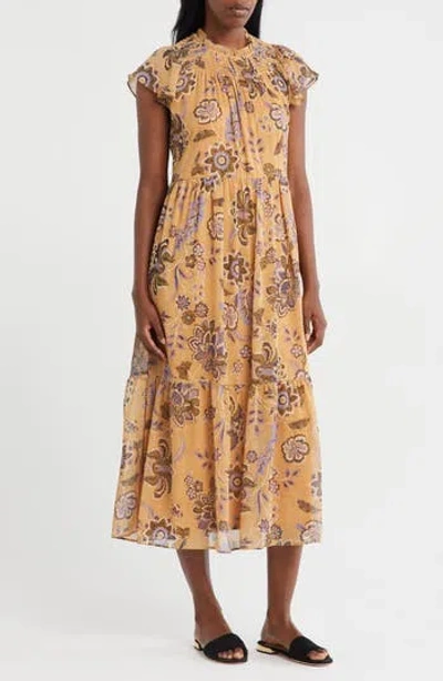 The Good Journey Smocked Flutter Sleeve Midi Dress In Orange