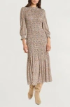 The Good Journey Smocked Long Sleeve Maxi Dress In Multi