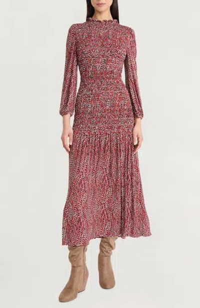 The Good Journey Smocked Long Sleeve Maxi Dress In Red