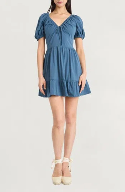 The Good Journey Solid Puff Sleeve Knit Dress In Blue