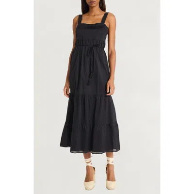The Good Journey Tiered Tie Waist Midi Dress In Black