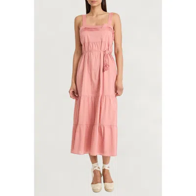 The Good Journey Tiered Tie Waist Midi Dress In Pink