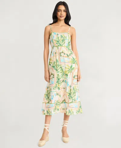 THE GOOD JOURNEY WOMEN'S PIPING-TRIM POSTCARD-PRINT MIDI DRESS