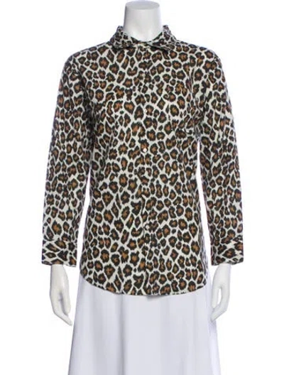 Pre-owned The Great Animal Print Mock Neck Button-up Top In White