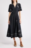 THE GREAT THE GREAT. BRIDGE EMBROIDERED COTTON MIDI SHIRTDRESS