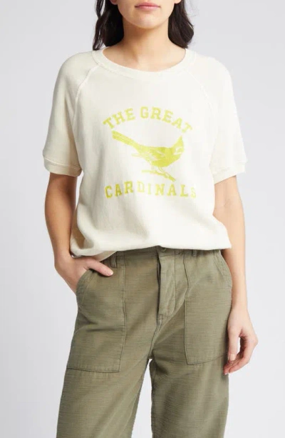 The Great Cardinal Graphic Short Sleeve Cotton Sweatshirt In Washed White