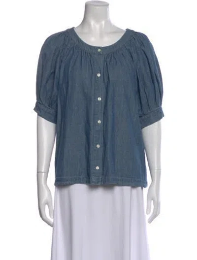 Pre-owned The Great Crew Neck Short Sleeve Blouse In Blue