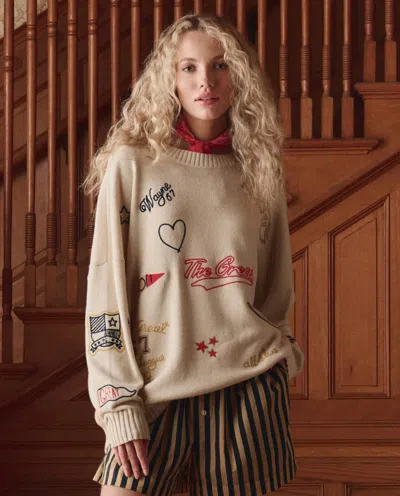 The Great Embroidered Oversize Crew Pullover Sweater In Cream In Neutral