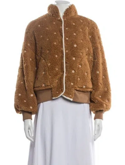 Pre-owned The Great Faux Fur Floral Print Bomber Jacket In Brown