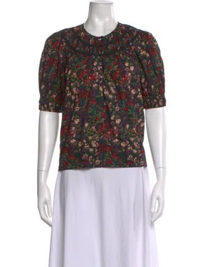 Pre-owned The Great Floral Print Crew Neck Blouse In Black