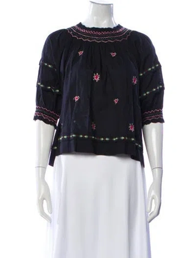Pre-owned The Great Floral Print Crew Neck Blouse In Black