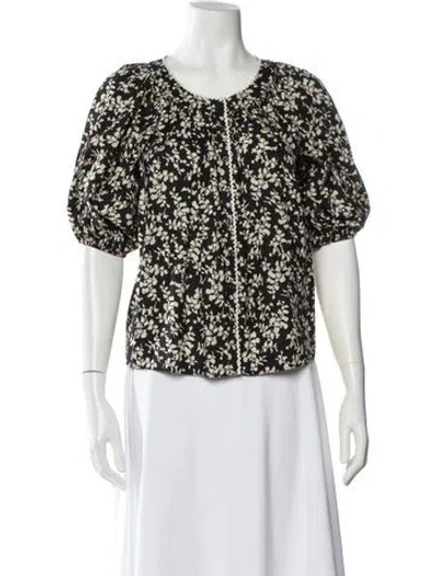 Pre-owned The Great Floral Print Crew Neck Blouse In Black