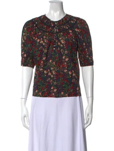 Pre-owned The Great Floral Print Crew Neck Blouse In Black