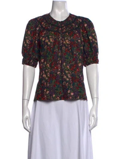 Pre-owned The Great Floral Print Crew Neck Blouse In Black
