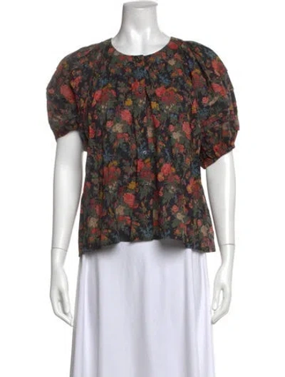 Pre-owned The Great Floral Print Crew Neck Blouse In Black/pink