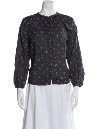 Pre-owned The Great Floral Print Crew Neck Blouse In Blue