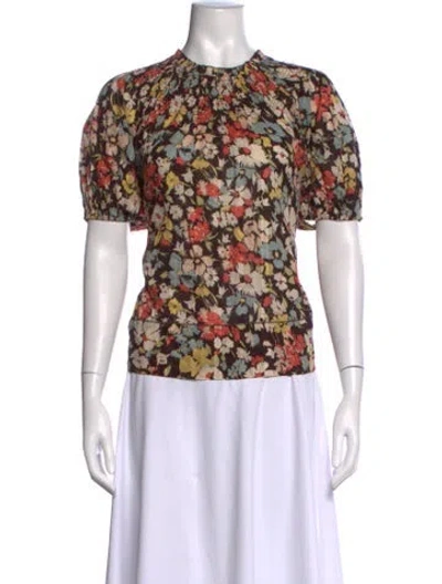 Pre-owned The Great Floral Print Crew Neck Blouse In Brown